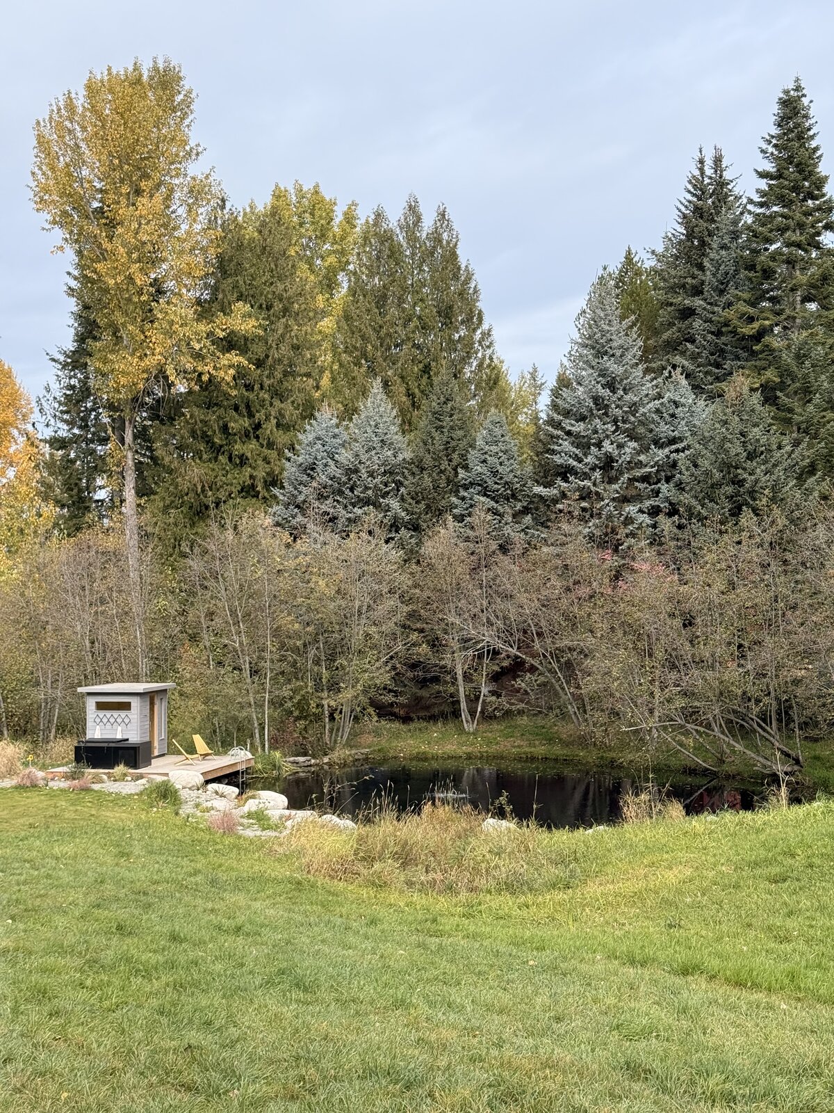 The sauna by the natural swimming pond in autumn