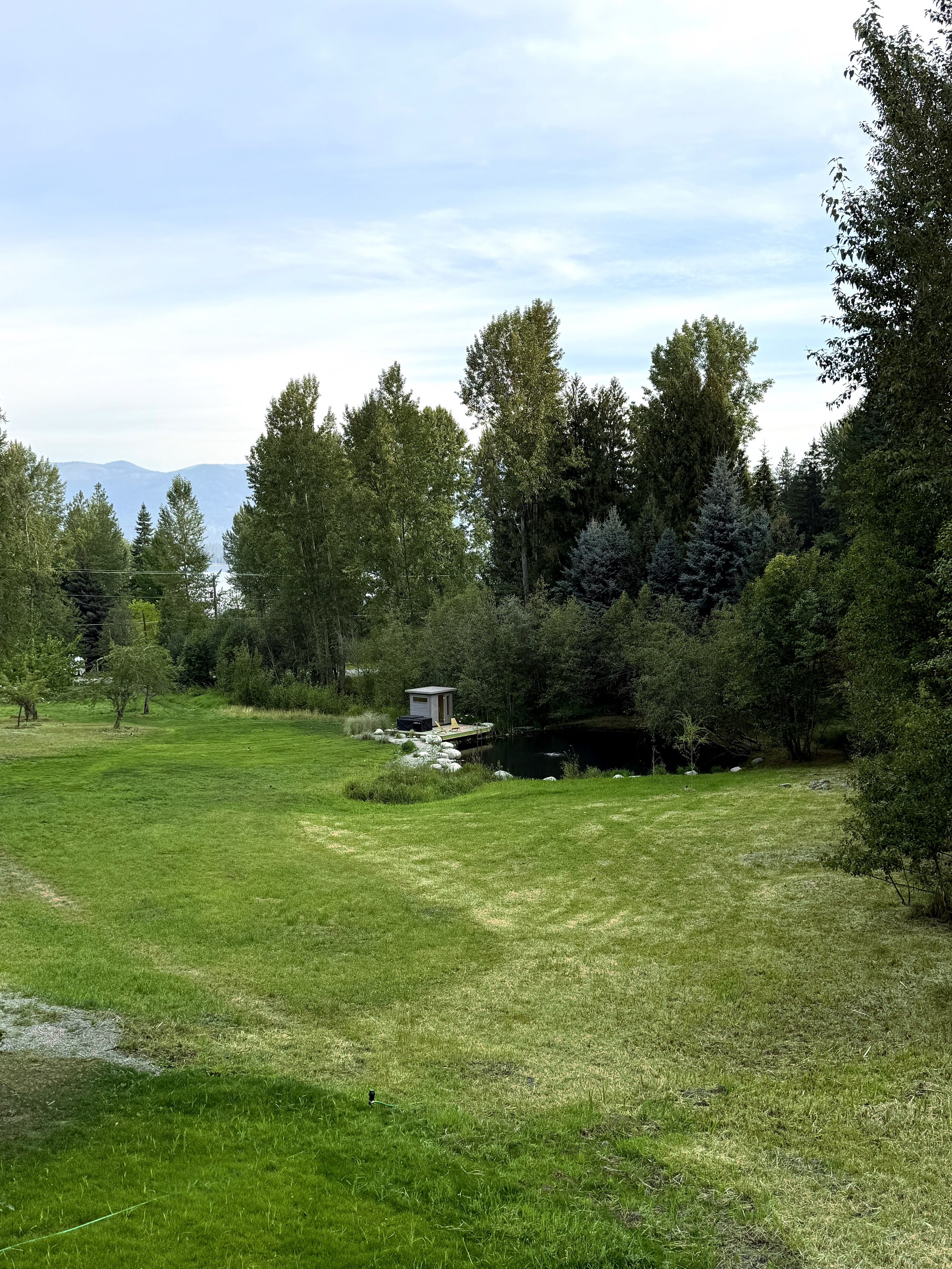 The great lawn looking toward the pond and sauna hut